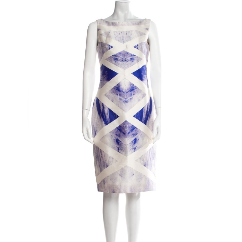 Alexander McQueen White and Blue Geometric Midi Dress